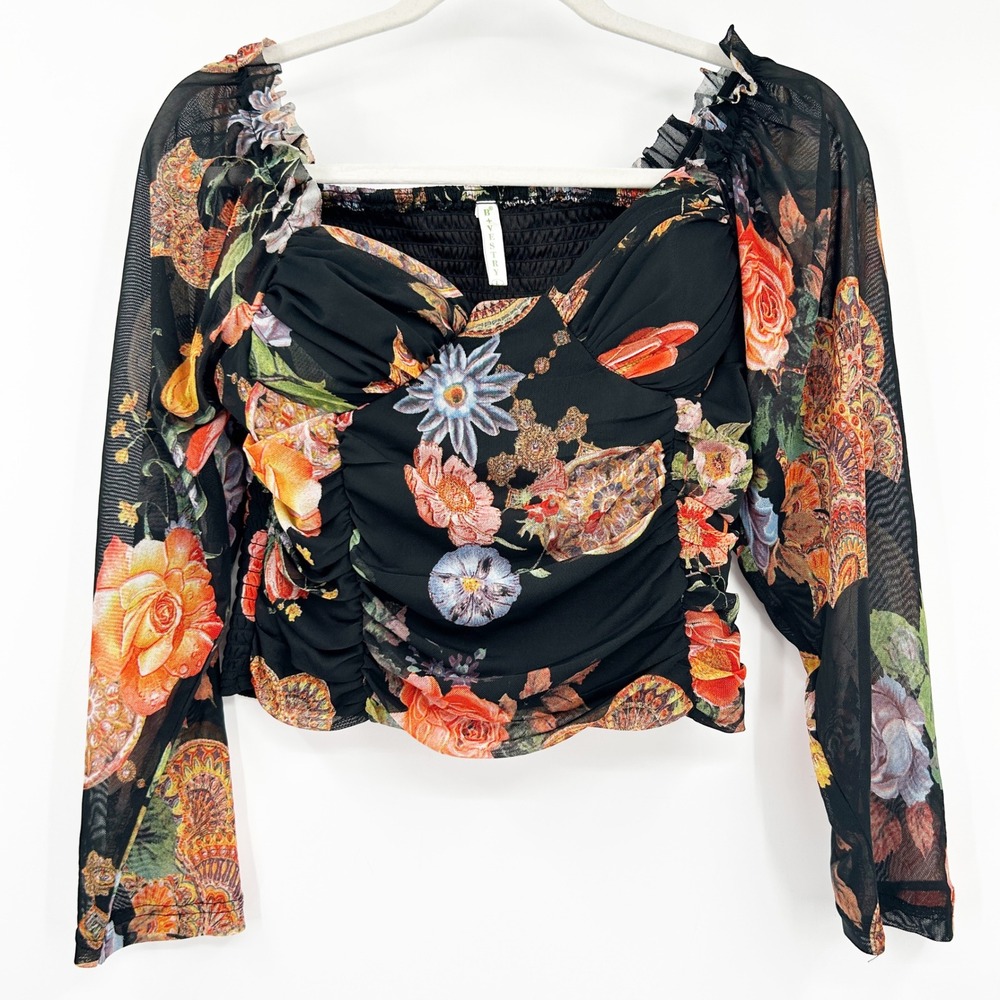 B+Vestry Floral Print Ruched Long Sleeve Mesh Going Out Bustier Blouse Size‎ L